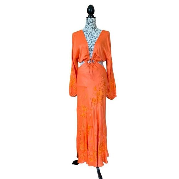 ASOS EDITION Long Sleeve Tonal Floral Embroidered Midi Dress in Bright Orange Si - Picture 4 of 12